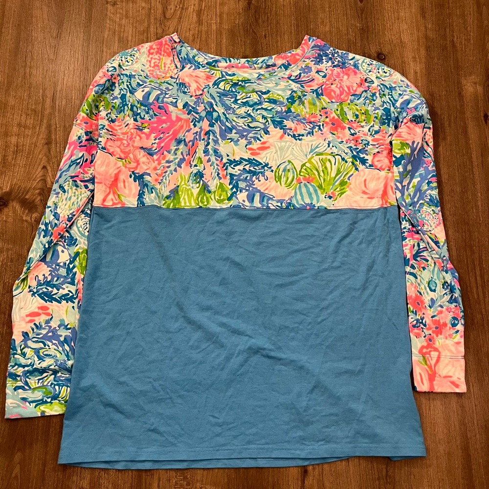 Lilly Pulitzer Shirt Finn Top Long Sleeve Blue Floral Coral Sink or Swim XS